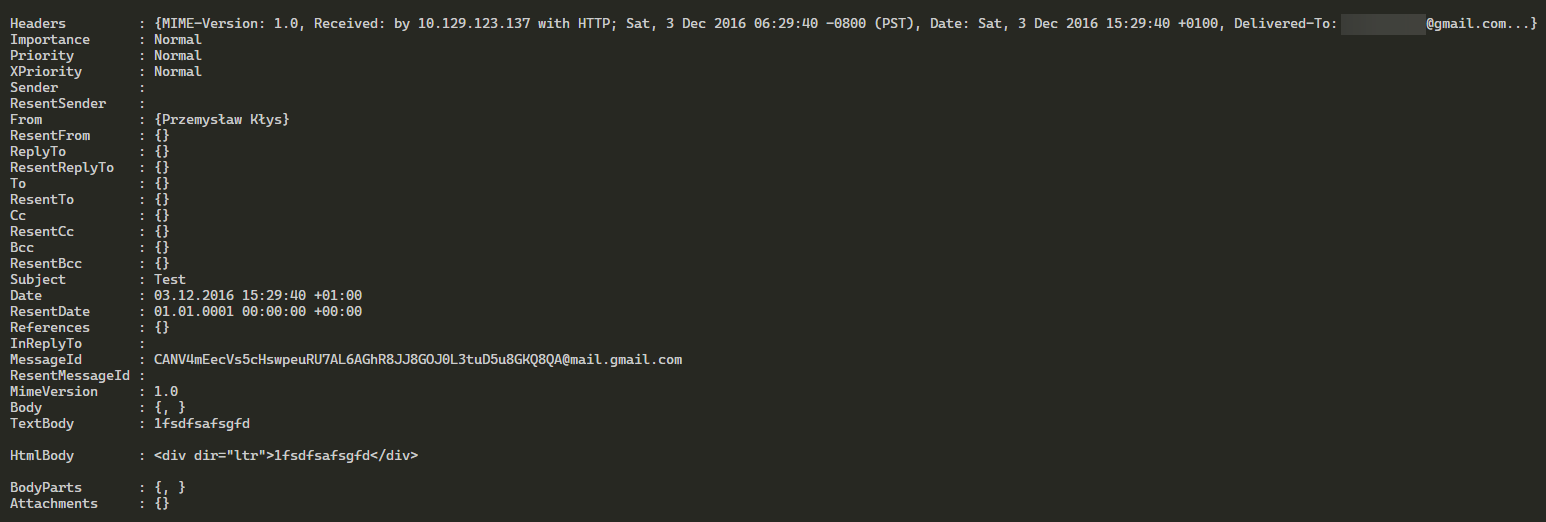 Wynik PowerShell pokazujacy wlasciwosci wiadomosci POP3 zwroconej przez Get-POP3Message