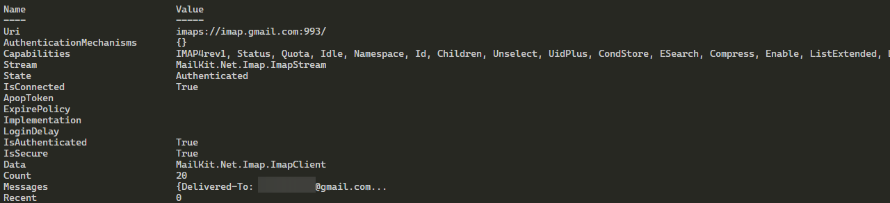 Wynik PowerShell pokazujacy dane skrzynki pobrane przez IMAP z uwierzytelnianiem OAuth 2.0
