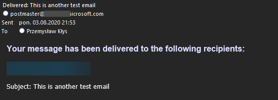 Wynik PowerShell potwierdzajacy poprawne dostarczenie testowej wiadomosci SMTP