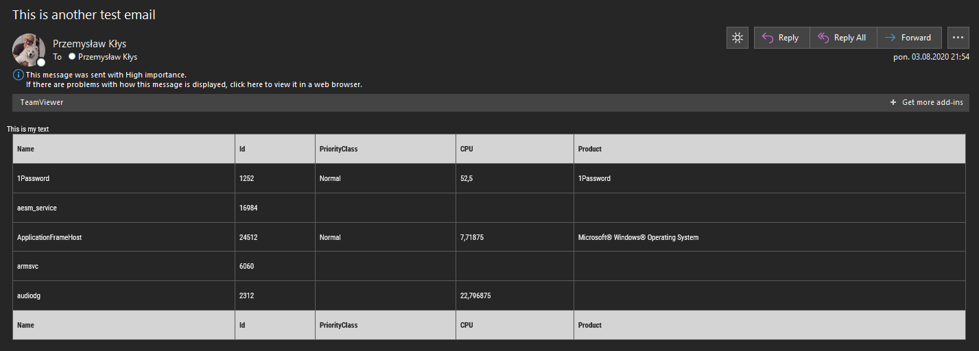 Widok klienta poczty pokazujacy druga testowa wiadomosc Mailozaurr wyslana tym samym sposobem, ale innym zestawem parametrow