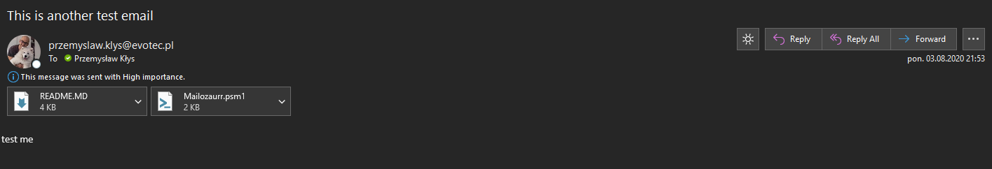 Widok klienta poczty pokazujacy pierwsza testowa wiadomosc Mailozaurr wyrenderowana z wygenerowanego HTML