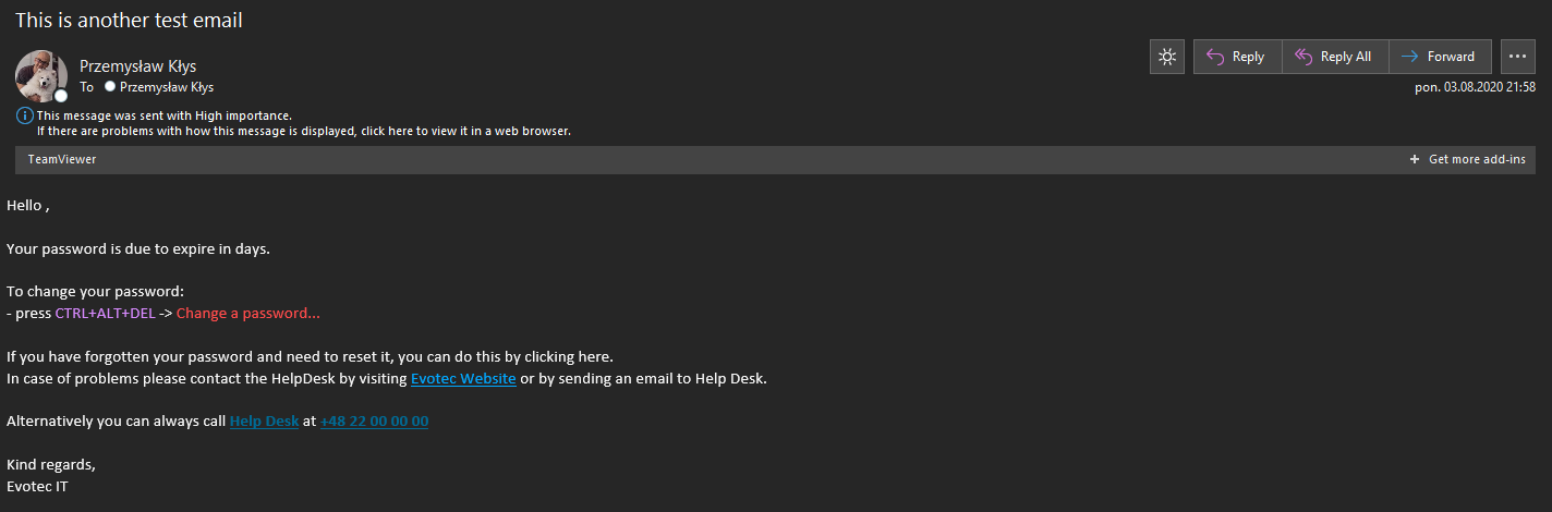 Widok skrzynki odbiorczej pokazujacy testowe wiadomosci wyslane przez Office 365 za pomoca Mailozaurr