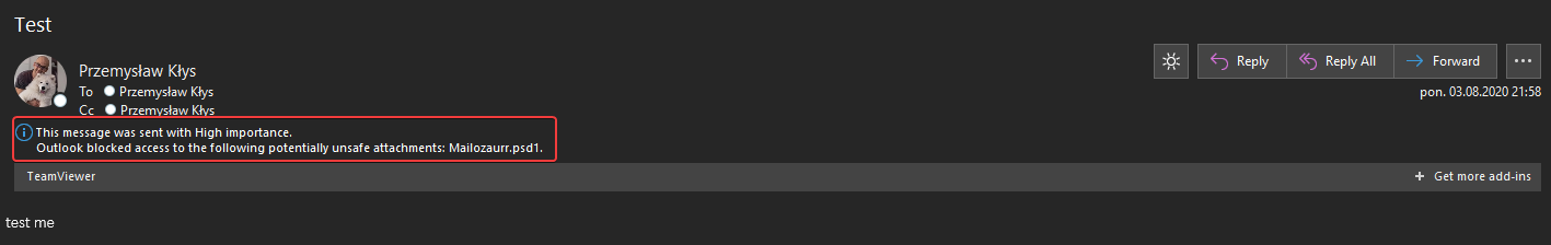 Ostrzezenie Outlooka pokazujace, ze zalacznik PSD1 zostal zablokowany w odebranej wiadomosci