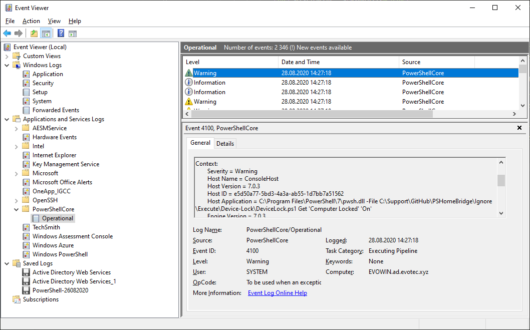 Event Viewer displaying the PowerShell 7 operational log separate from Windows PowerShell logging