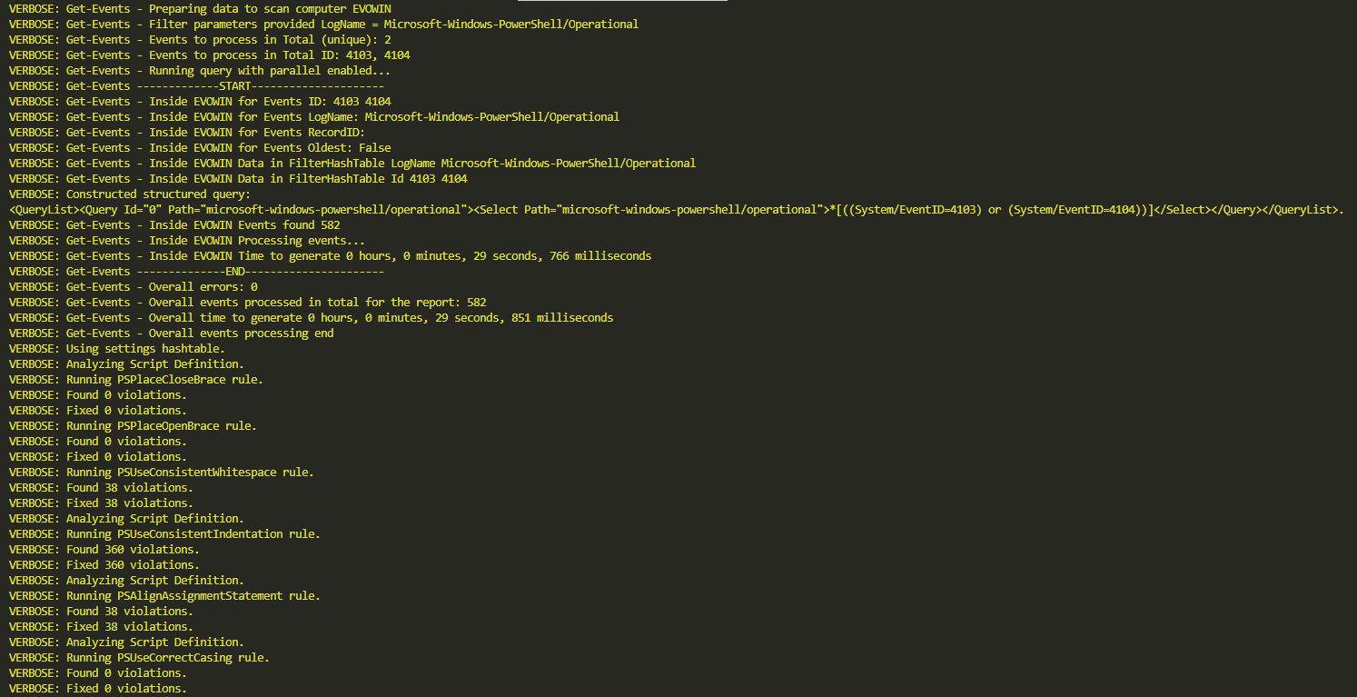 Verbose Restore-PowerShellScript output showing event parsing and script formatting progress