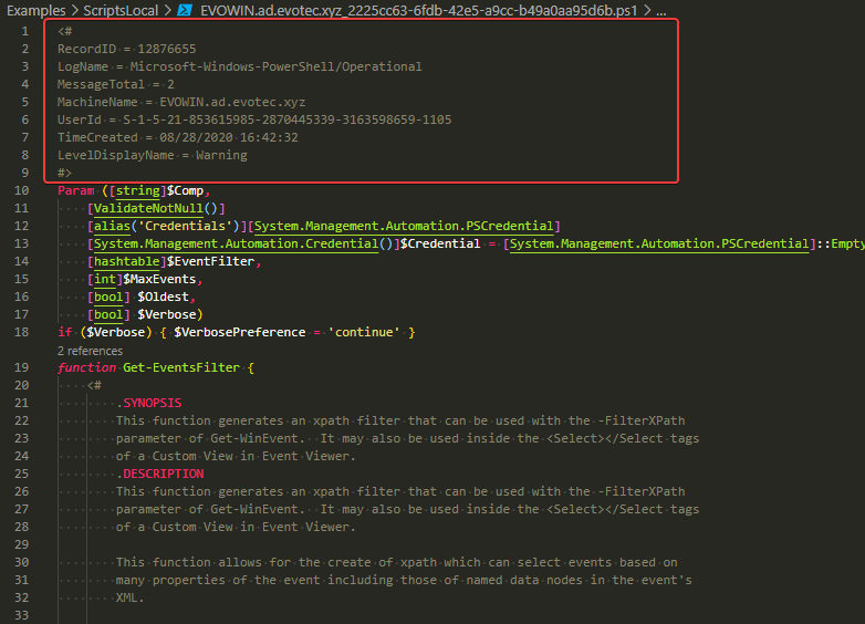 Recovered PowerShell script files saved to disk with source information added at the top