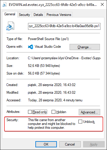 Security warning shown when a recovered PowerShell script is marked as downloaded from the internet