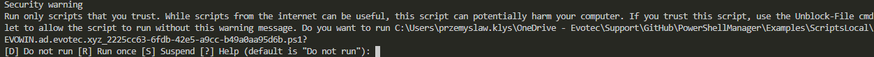 PowerShell prompt showing that a recovered script must be unblocked before execution