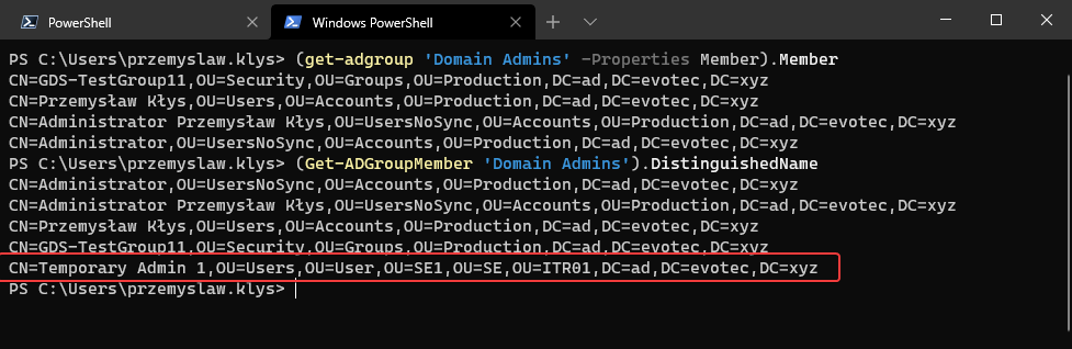 Wynik PowerShell z Get-ADGroup Domain Admins pokazujący brakujące wpisy w właściwości Members.