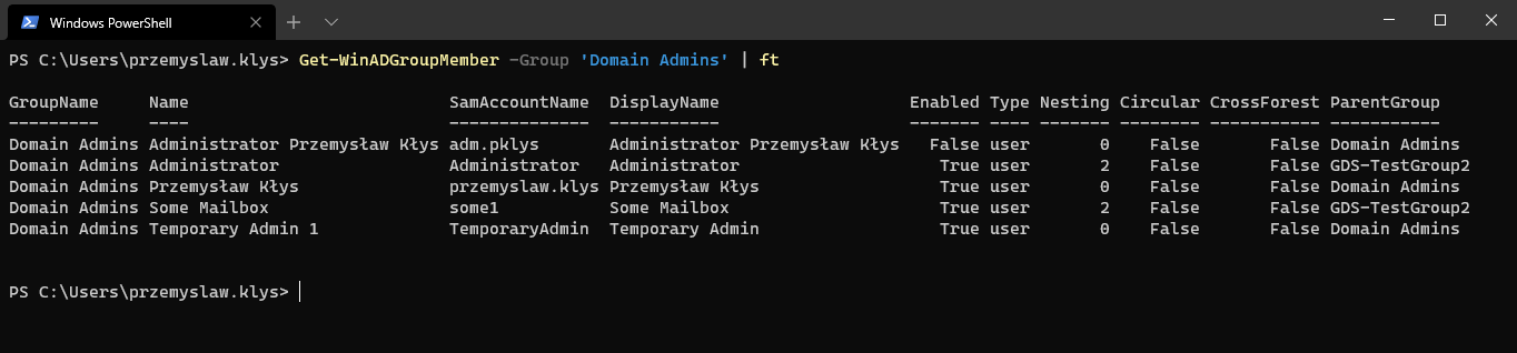 Tabela z Get-WinADGroupMember -Group Domain Admins pokazująca nesting i kolumny dotyczące innego lasu.
