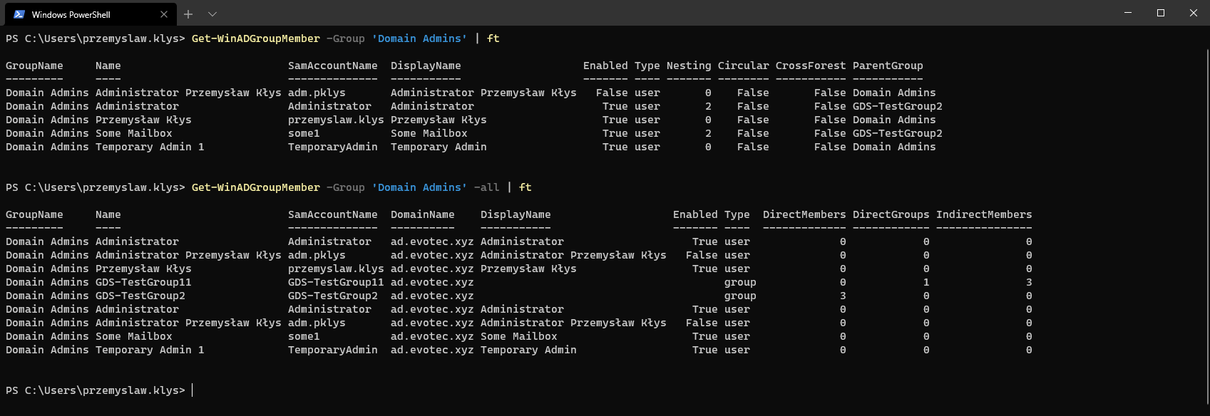 Tabela z Get-WinADGroupMember -Group Domain Admins -All pokazująca zagnieżdżonych członków i statystyki.