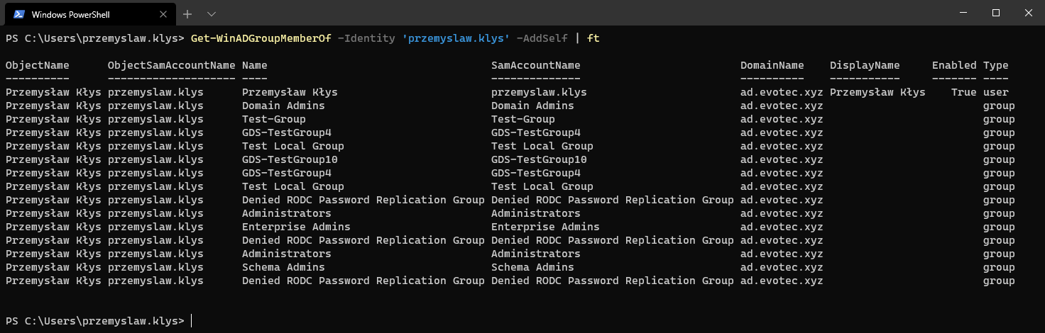 Wynik PowerShell z Get-WinADGroupMemberOf -Identity przemyslaw.klys -AddSelf pokazujący podsumowanie grupy nadrzędnej.