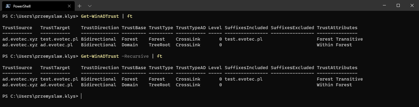 PowerShell table output from Get-WinADTrust listing discovered Active Directory trusts