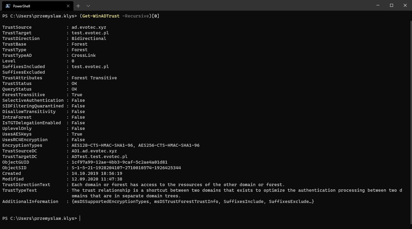 Detailed Get-WinADTrust object view showing TrustStatus, QueryStatus, and related trust properties