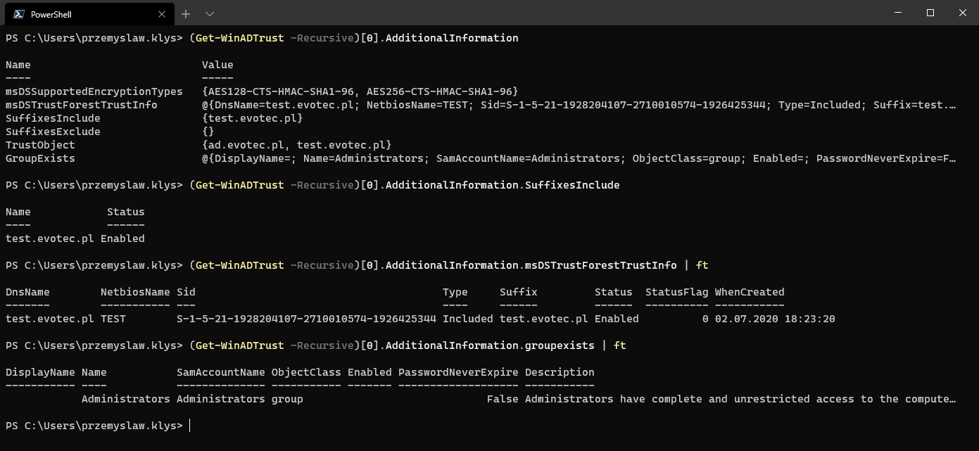 Additional trust information showing suffix details and status values for an Active Directory trust