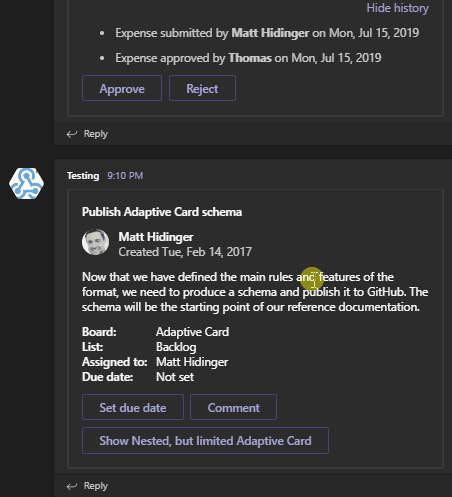 Animowana karta adaptacyjna w Microsoft Teams pokazująca zagnieżdżoną zawartość po kliknięciu przycisku