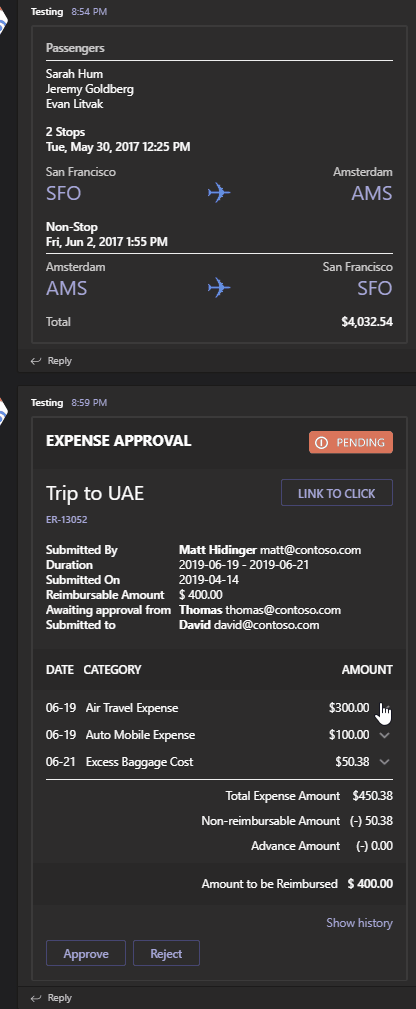 Animowana karta adaptacyjna akceptacji wydatków w Microsoft Teams z rozwijanymi szczegółami pozycji