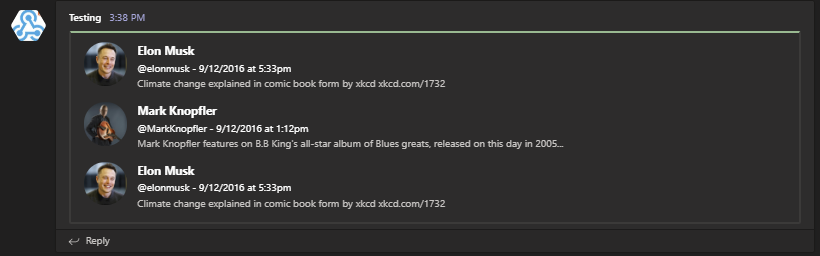Karta konektora PSTeams stylizowana na kanał Twittera w Microsoft Teams