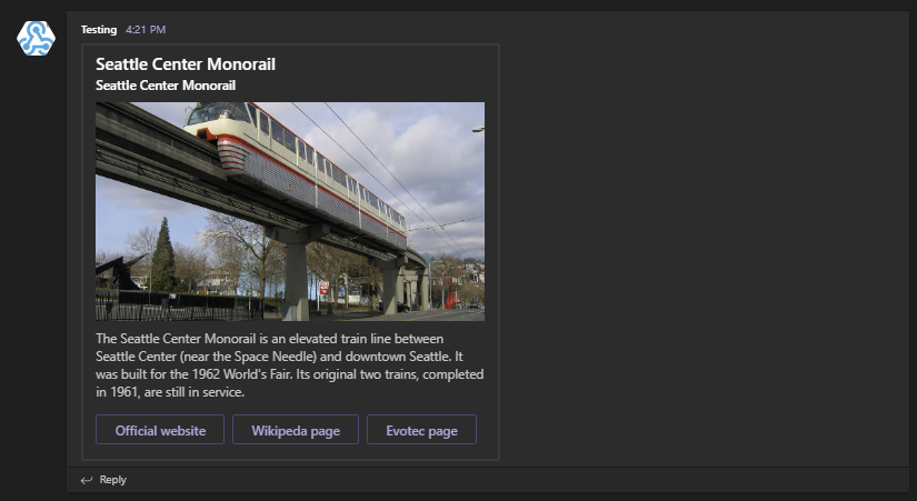 Karta hero w Microsoft Teams z obrazem Seattle Center Monorail i przyciskami akcji