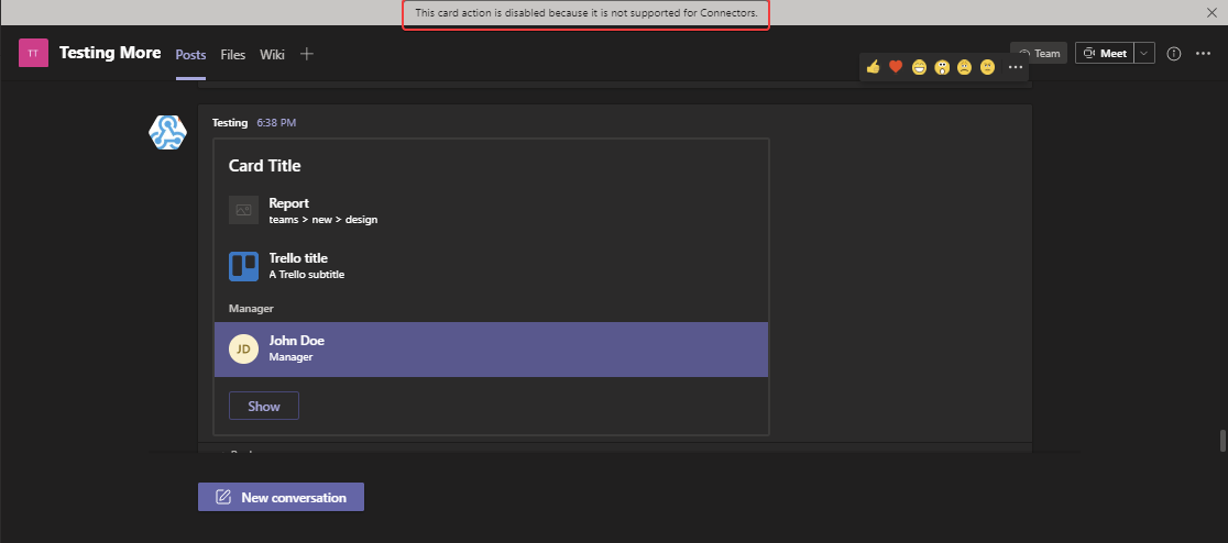 Powiadomienie Microsoft Teams pokazujące ograniczoną reakcję akcji z elementu karty listy