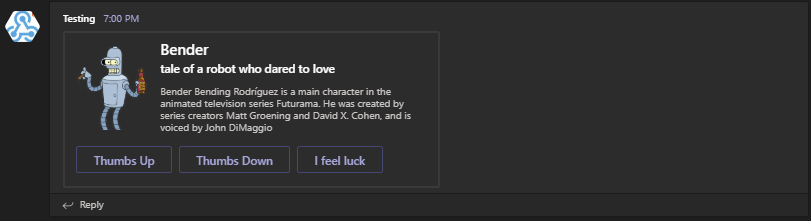 Karta miniatury w Microsoft Teams z obrazem Bendera, opisem i przyciskami akcji