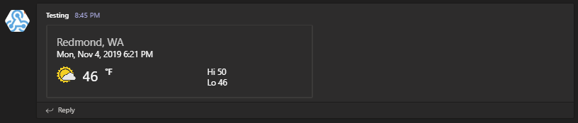Kompaktowa karta adaptacyjna pogody w Microsoft Teams dla Redmond z danymi o temperaturze