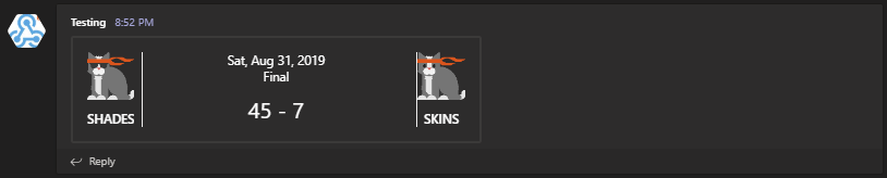 Karta adaptacyjna z wynikiem meczu w Microsoft Teams z emblematami drużyn i końcowym wynikiem