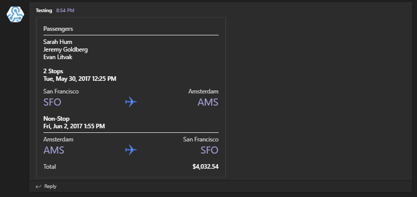 Karta adaptacyjna z podsumowaniem lotu w Microsoft Teams z listą pasażerów, trasą i całkowitym kosztem