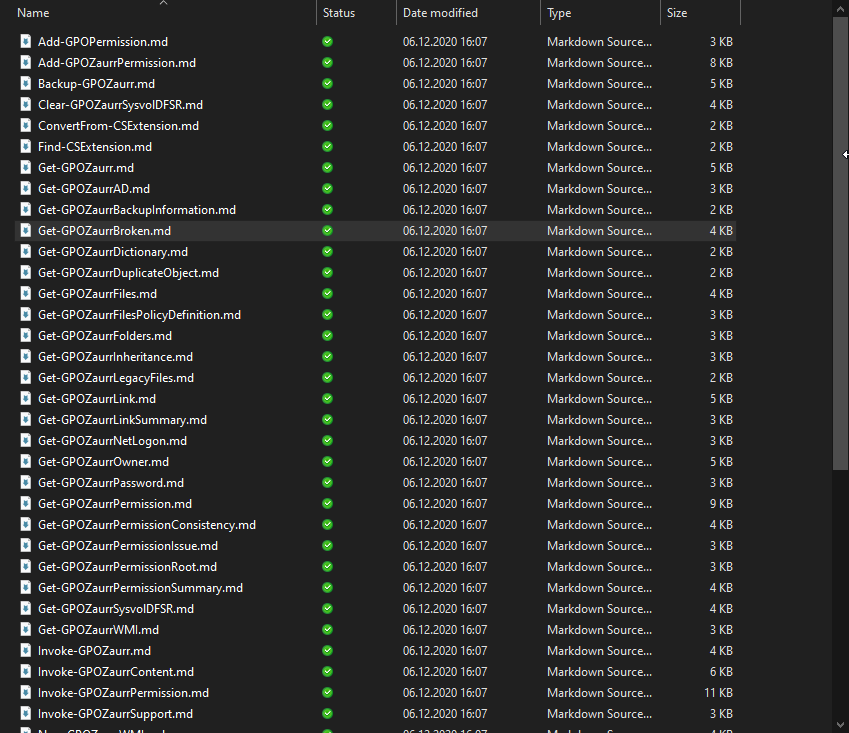 Pliki dokumentacji Markdown w folderze GPOZaurr Docs przechowywanym w OneDrive.