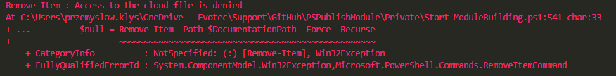 Blad PowerShell Remove-Item informujacy, ze dostep do pliku w chmurze zostal zabroniony.