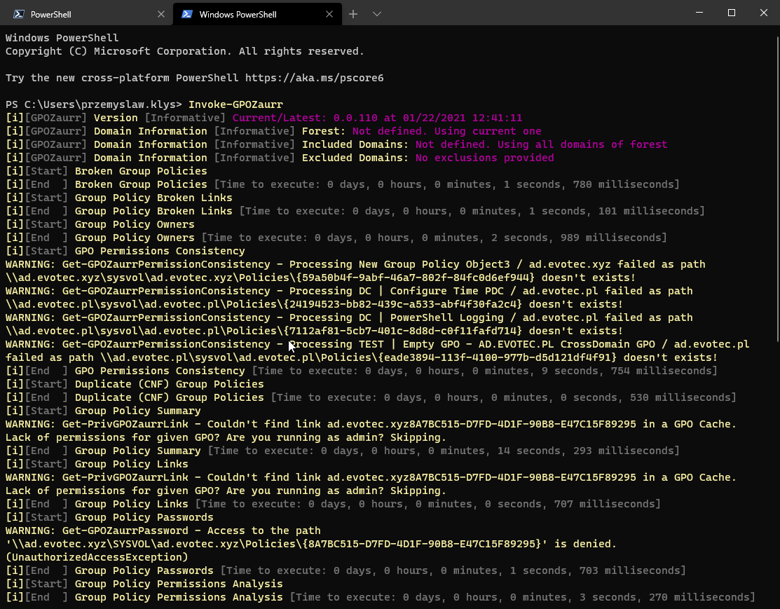 Konsolowy wynik Invoke-GPOZaurr pokazujący start pełnego uruchomienia raportów i wykryte problemy zasad grupy.