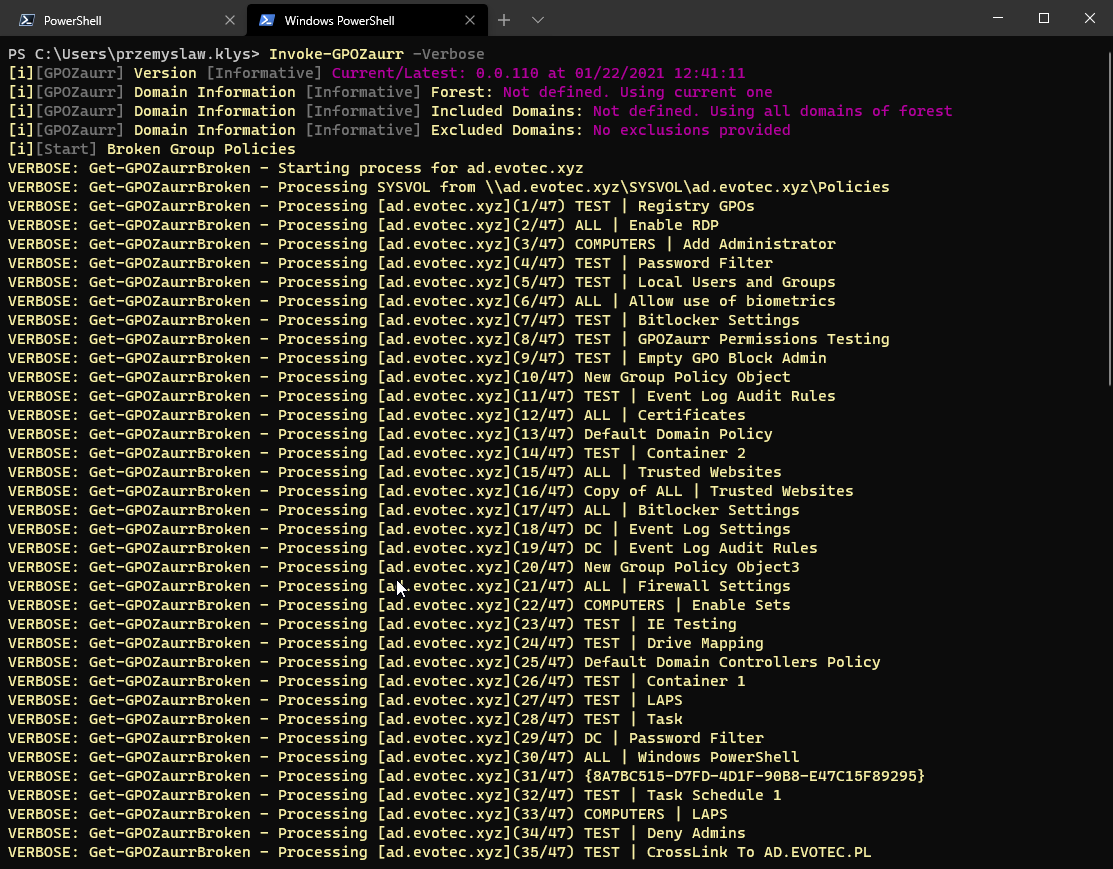 Szczegółowy wynik Invoke-GPOZaurr z Verbose pokazujący przetwarzanie kolejnych raportów.