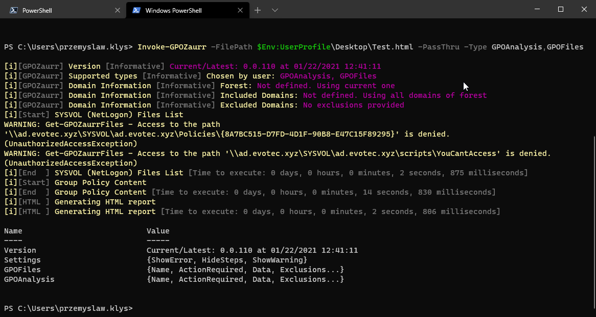 Wynik konsoli Invoke-GPOZaurr pokazujący postęp generowania raportów i ostrzeżenia podczas uruchomienia.