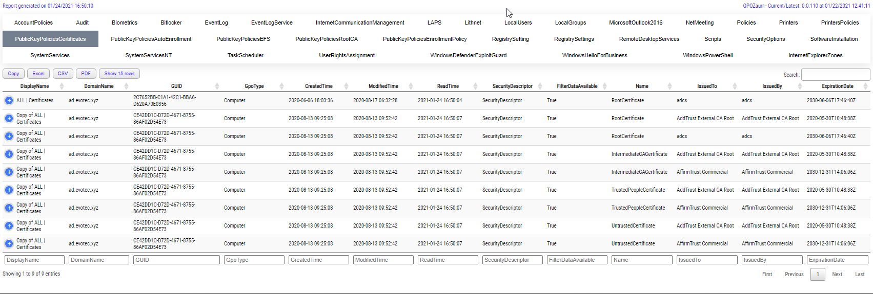 Karta PublicKeyPoliciesCertificates w GPOAnalysis pokazująca wpisy certyfikatów i dane wystawcy.
