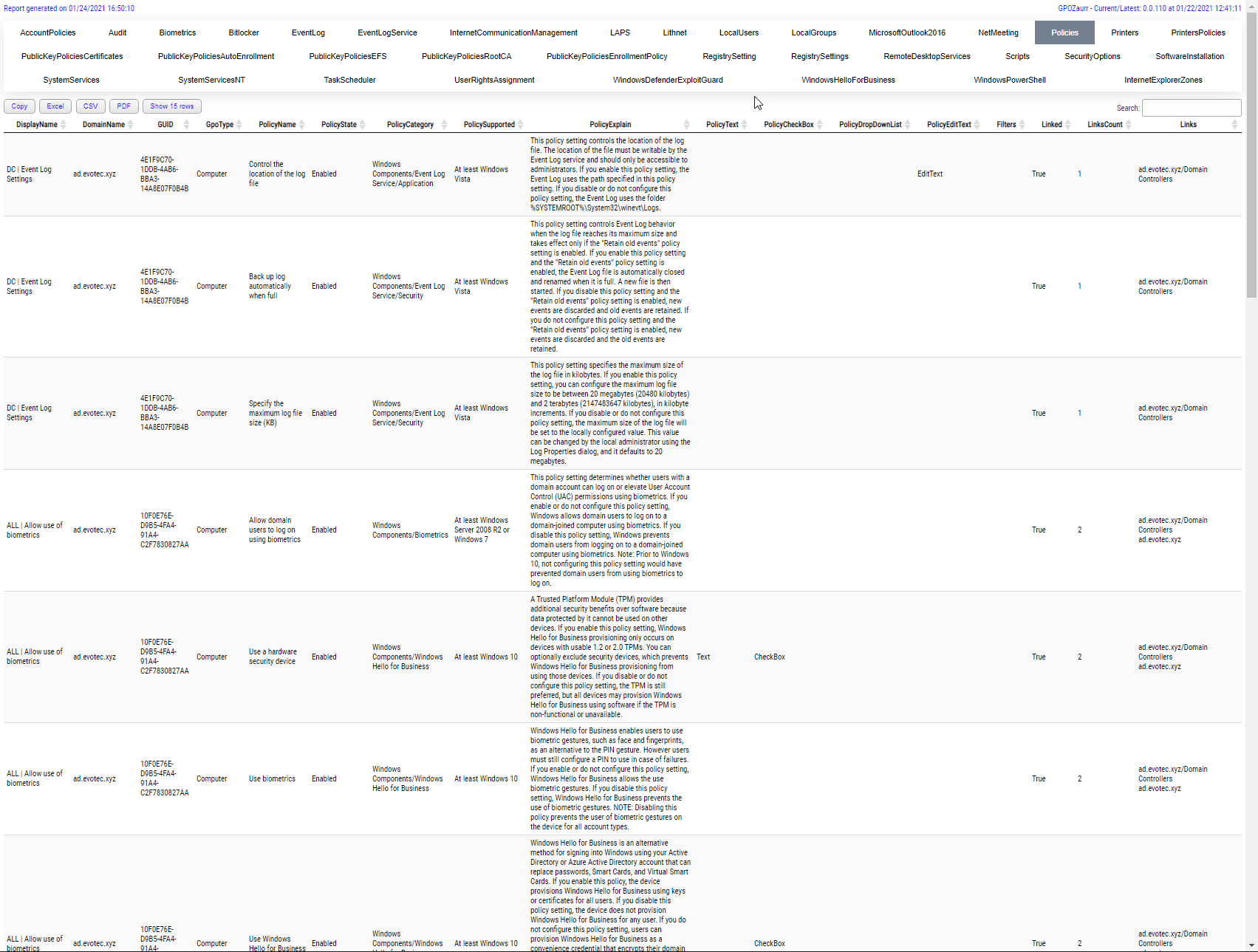 Karta Policies w GPOAnalysis pokazująca wiersze ustawień dziennika zdarzeń, biometrii i Windows Hello.