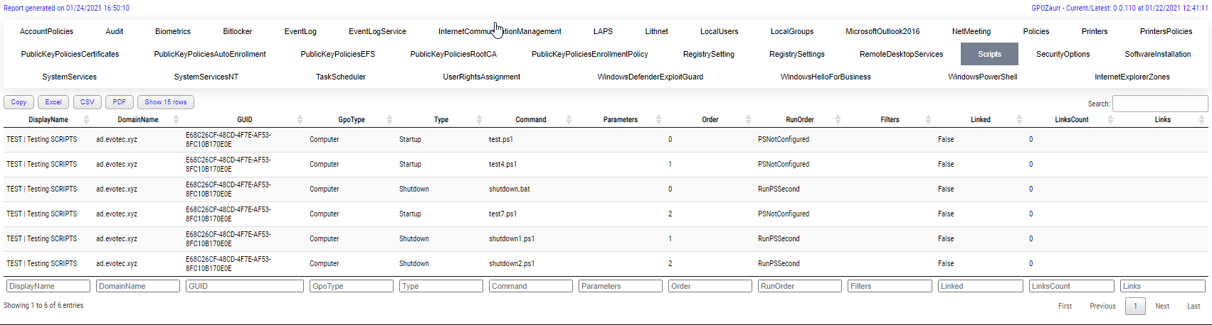 Karta Scripts w GPOAnalysis pokazująca skrypty startowe i zamykania z kolumnami kolejności uruchamiania.