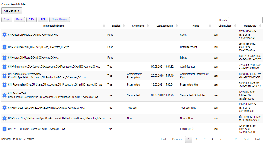 Animated Search Builder demo filtering a PSWriteHTML DataTable with multiple conditions