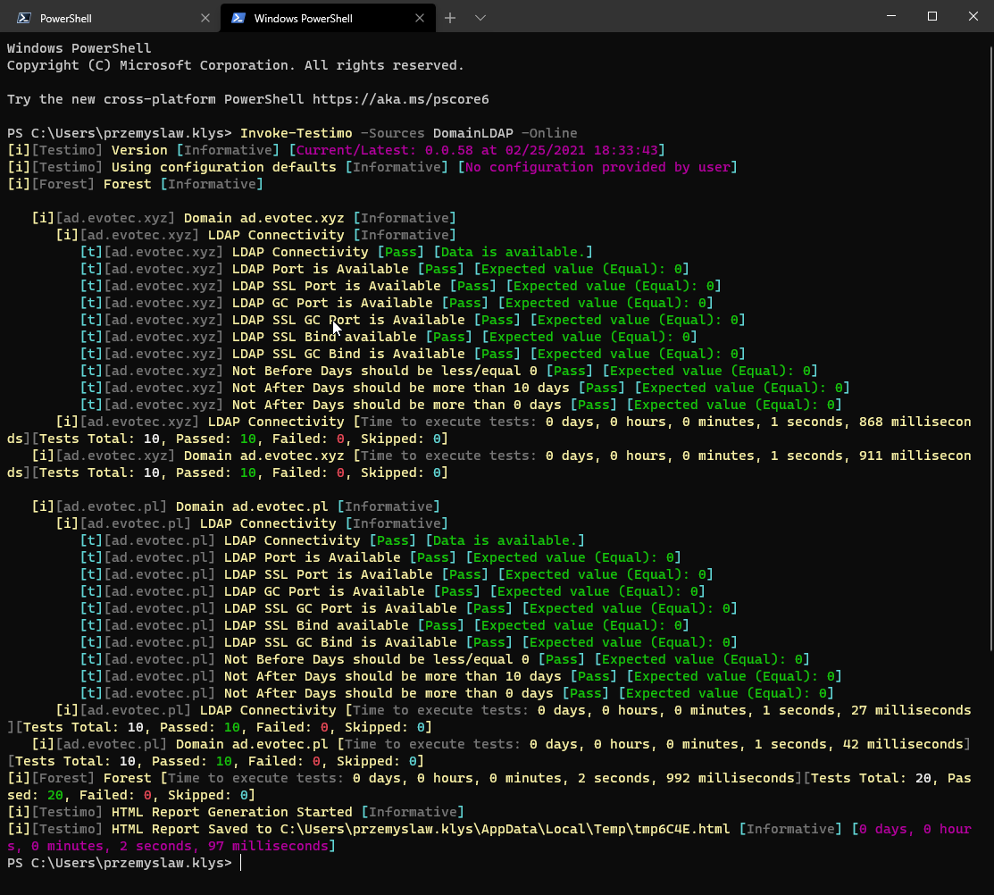 Podsumowanie raportu HTML Testimo dla testu DomainLDAP