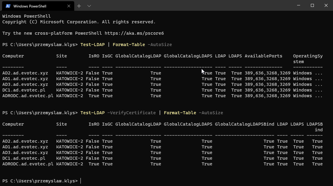 Wynik konsoli PowerShell z Test-LDAP -VerifyCertificate i szczegolami LDAPS
