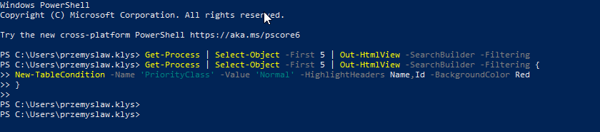Out-HtmlView table with conditional formatting highlighting selected process priorities