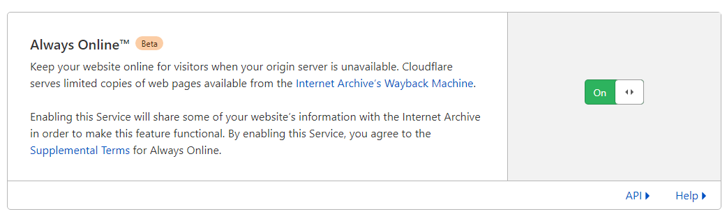 Ustawienie Cloudflare Always Online w wersji beta włączone z opisem integracji z Wayback Machine