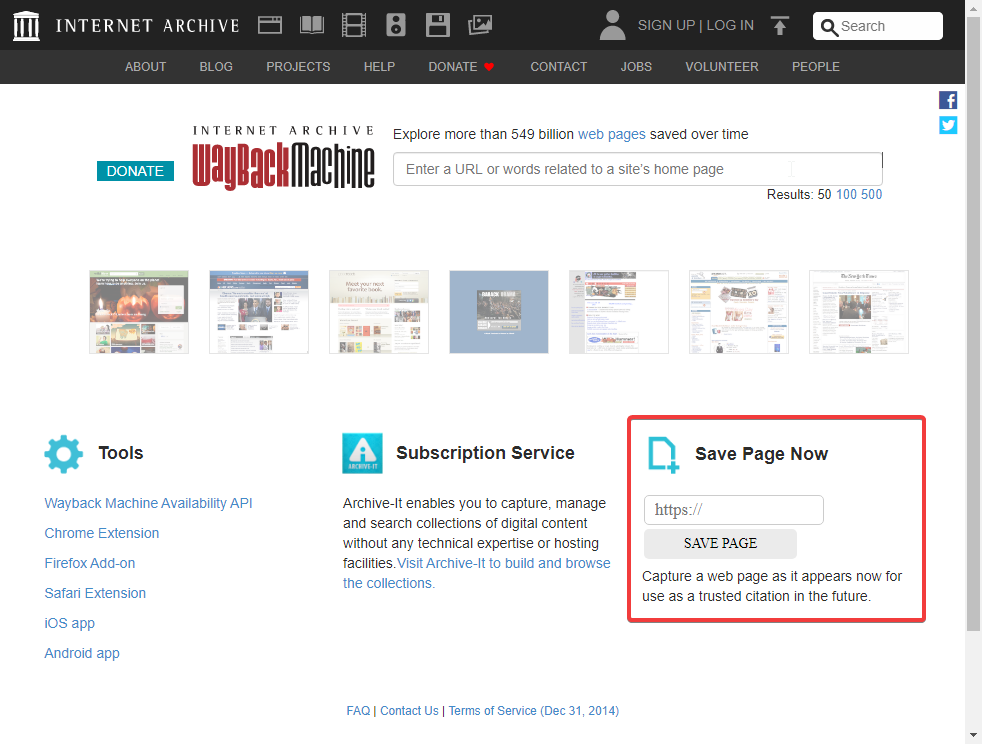 Strona główna Internet Archive Wayback Machine z wyróżnionym formularzem Save Page Now