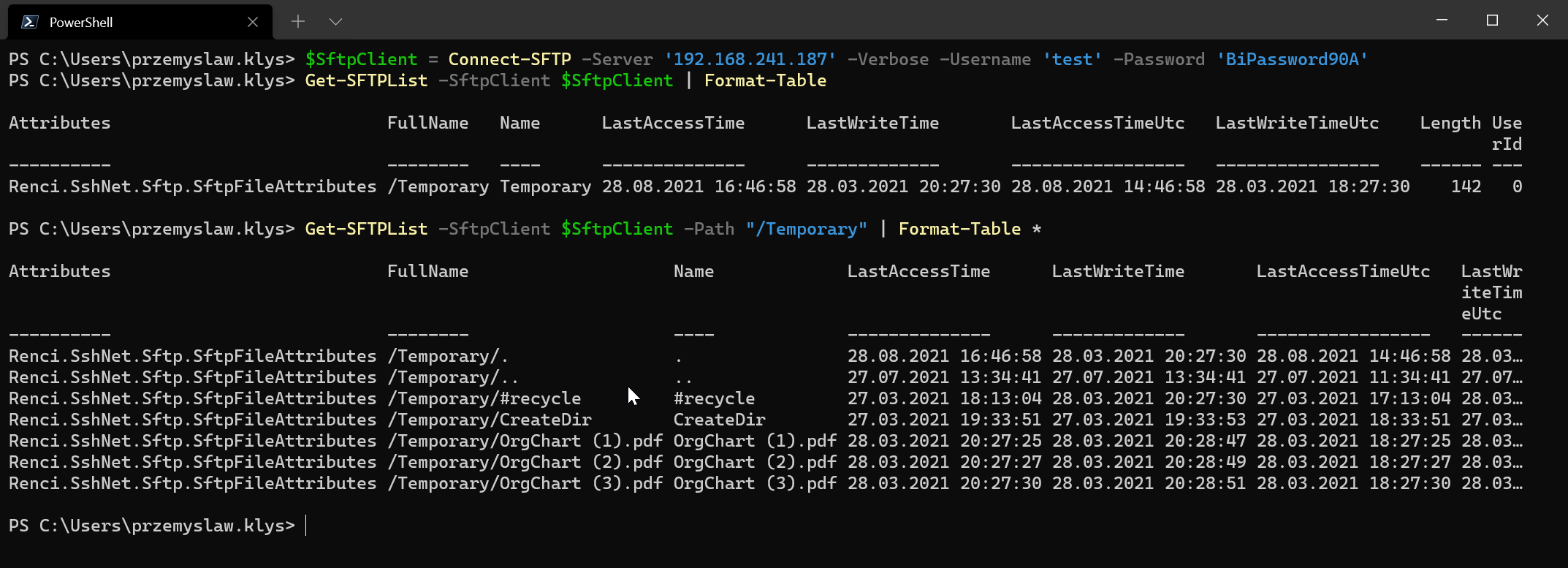 PowerShell pokazujący połączenie SFTP oraz listowanie zawartości katalogu Temporary na serwerze.