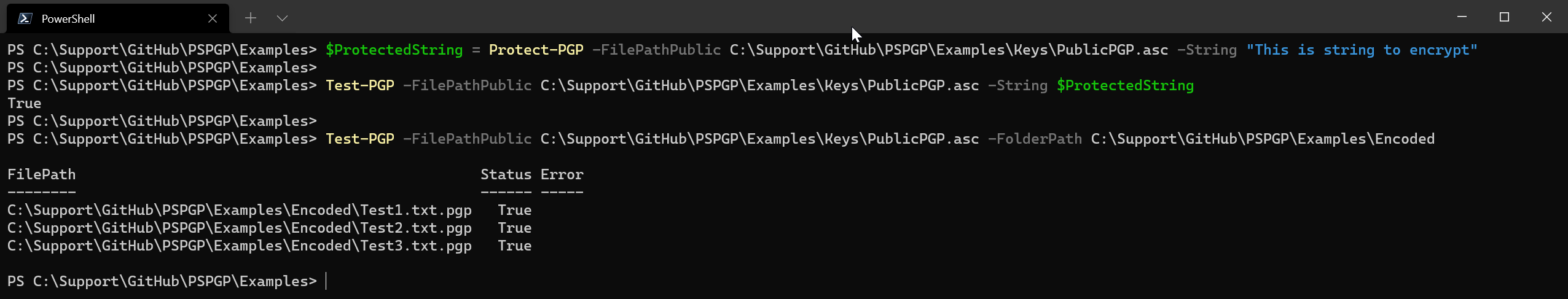 PowerShell console encrypting and testing PGP files with PSPGP