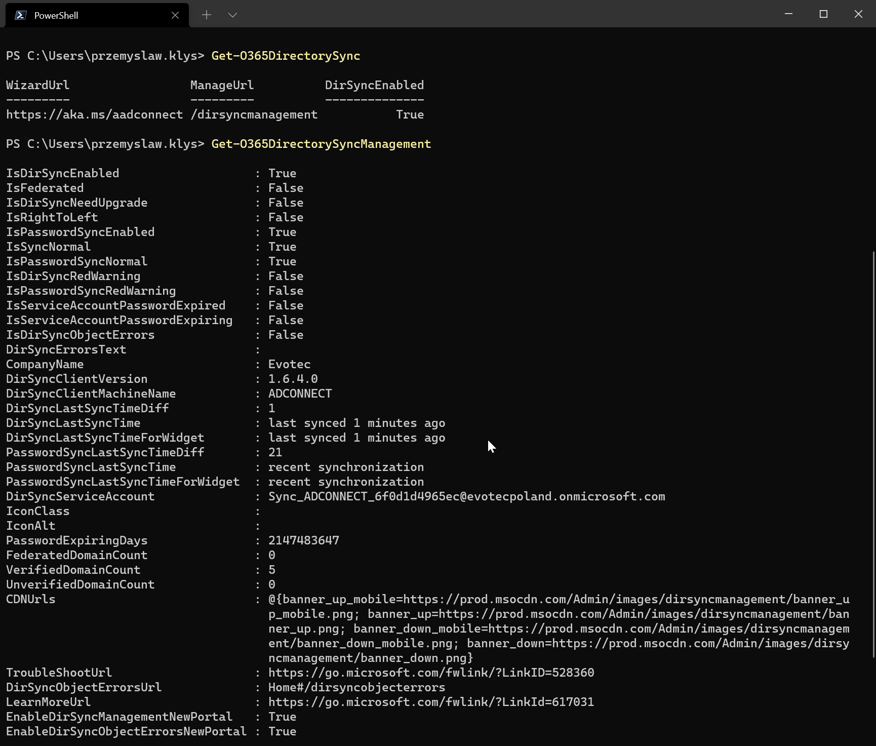 Wynik PowerShell dla Get-O365DirectorySync i Get-O365DirectorySyncManagement