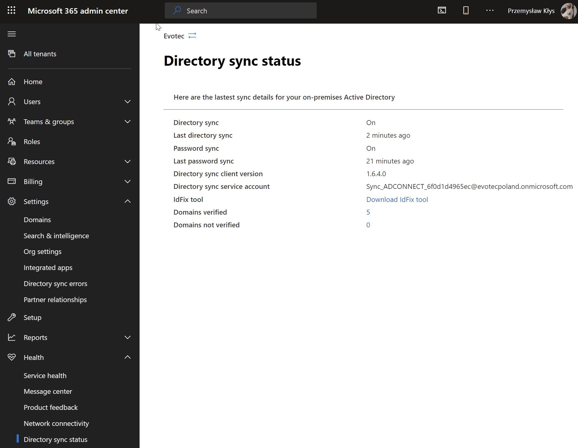 Strona stanu synchronizacji katalogu w centrum administracyjnym Microsoft 365