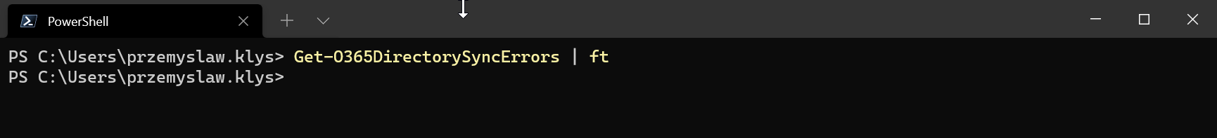 Pusty wynik PowerShell z polecenia Get-O365DirectorySyncErrors
