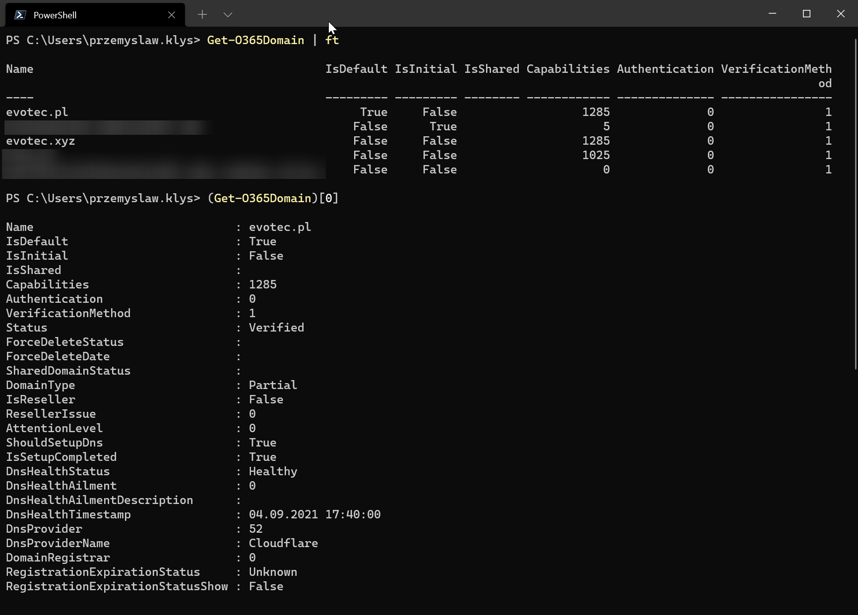 Tabela PowerShell z domenami Office 365 i szczegolami weryfikacji