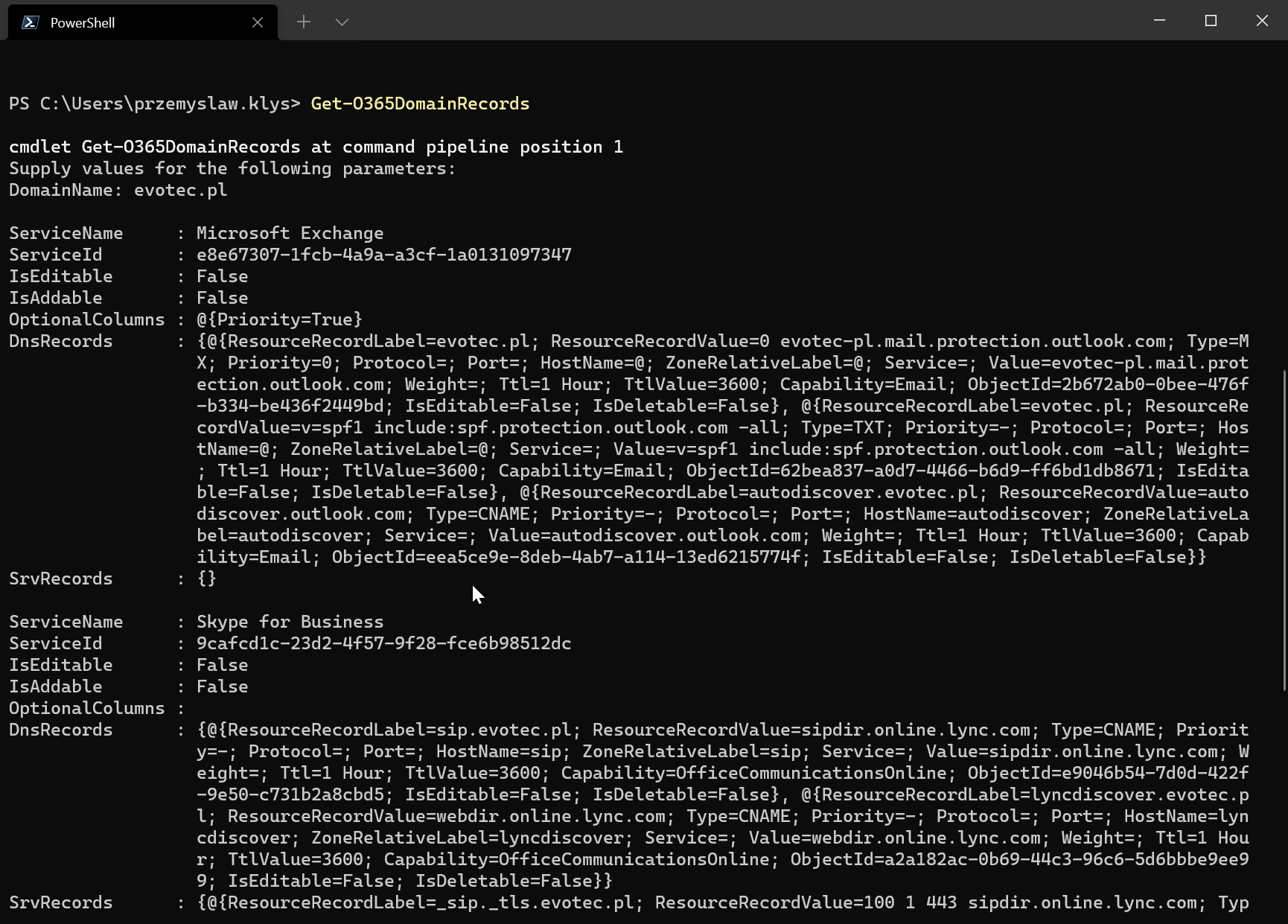 Wynik PowerShell polecenia Get-O365DomainRecords dla evotec.pl