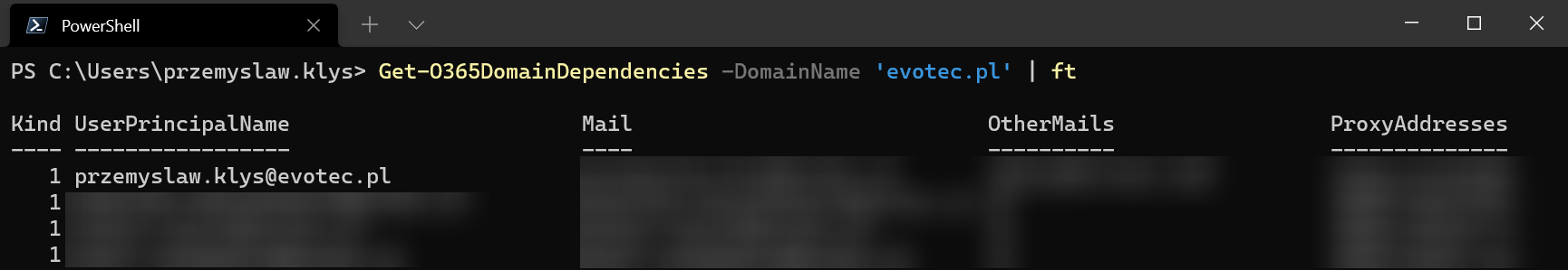 Tabela PowerShell z zaleznosciami domeny Office 365 dla evotec.pl